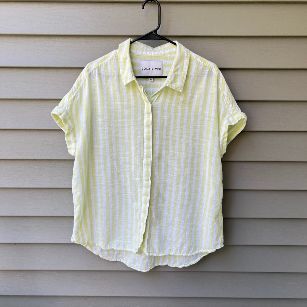 Lola River Anthropologie Lime Green White Striped Button Up Shirt Women’s XL